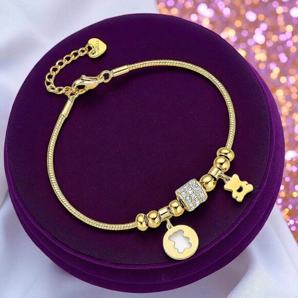 🆕️18K Gold Plated Bear Charm Bracelet with Sparkling Rhinestones & Beads 💫🐻 - Picture 1 of 12